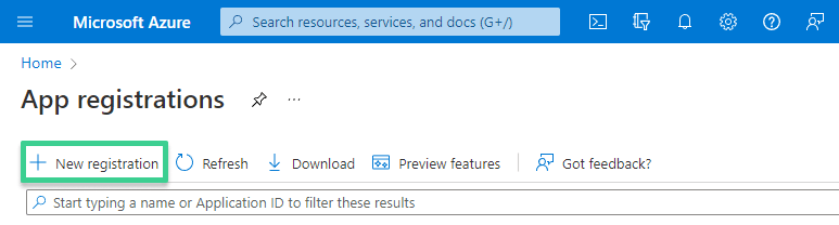 Click Create App Registration in Entra admin console