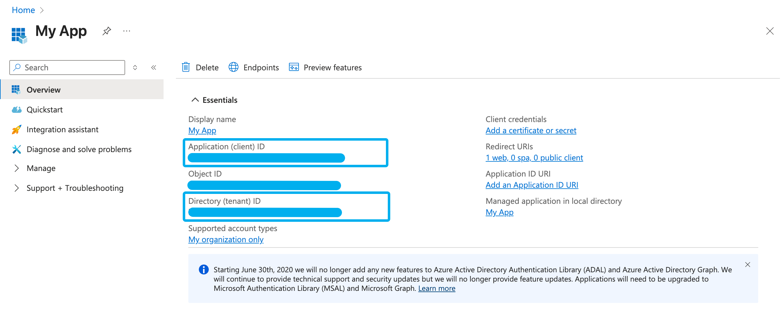 Copy Application (client) ID and Directory (tenant) ID