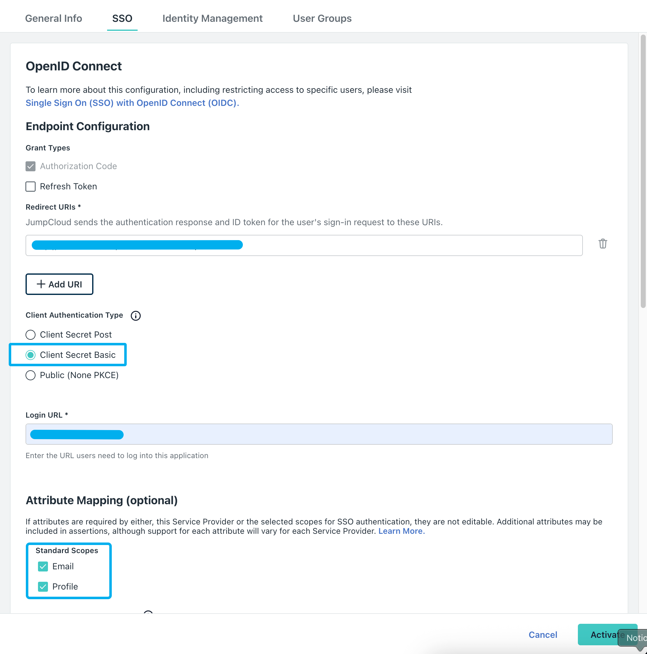 Configuring SSO page
