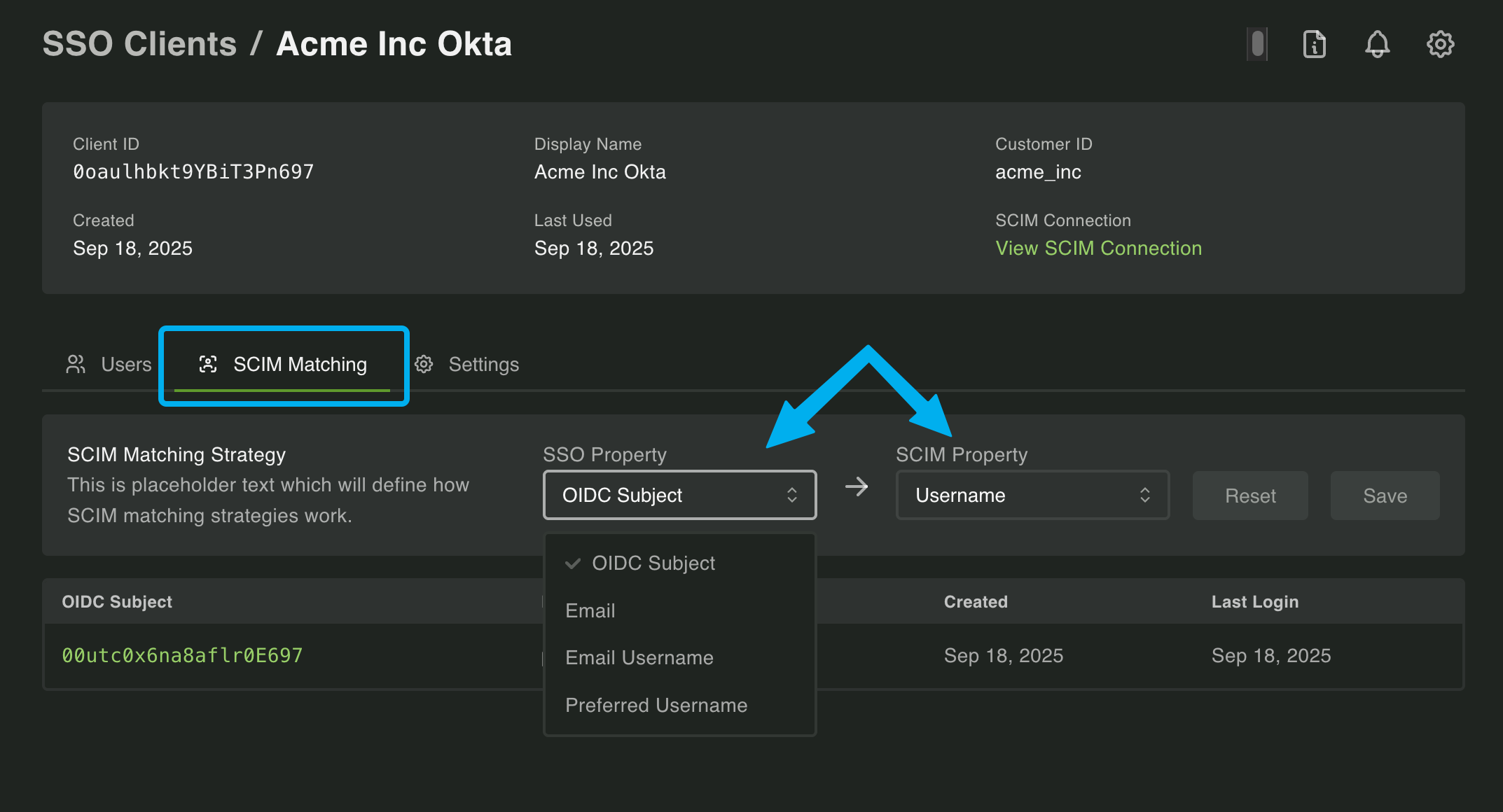 Setting a matching strategy in the Dashboard