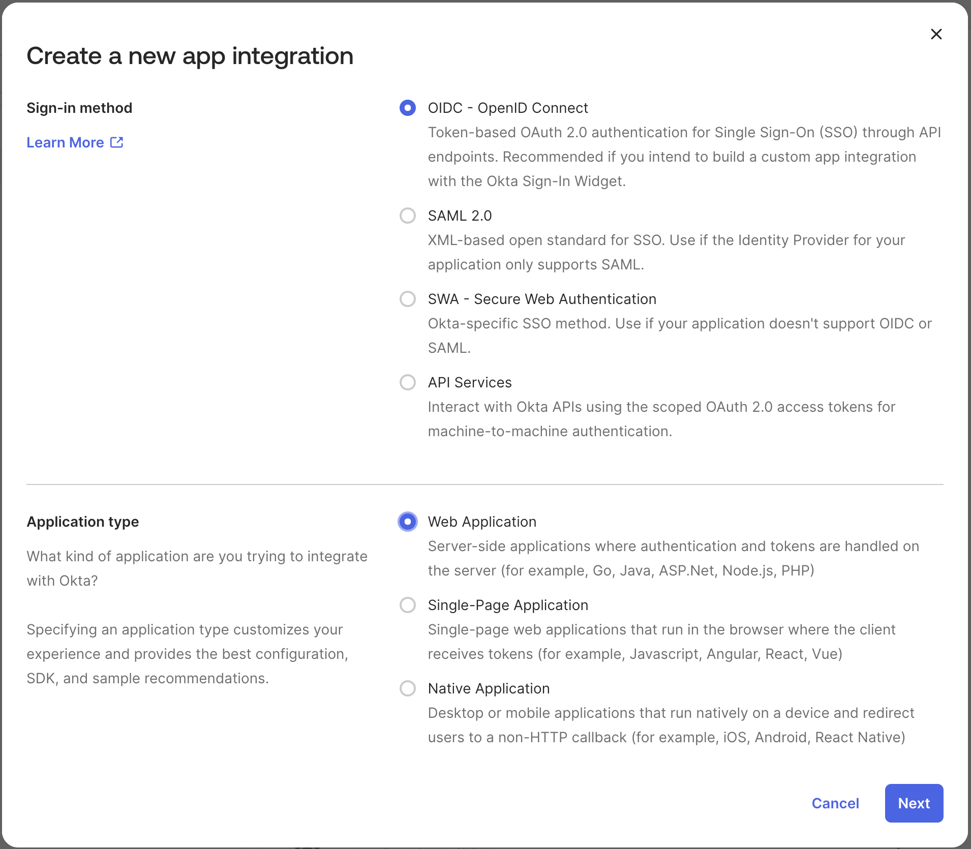 Select OIDC and Web Application in Okta