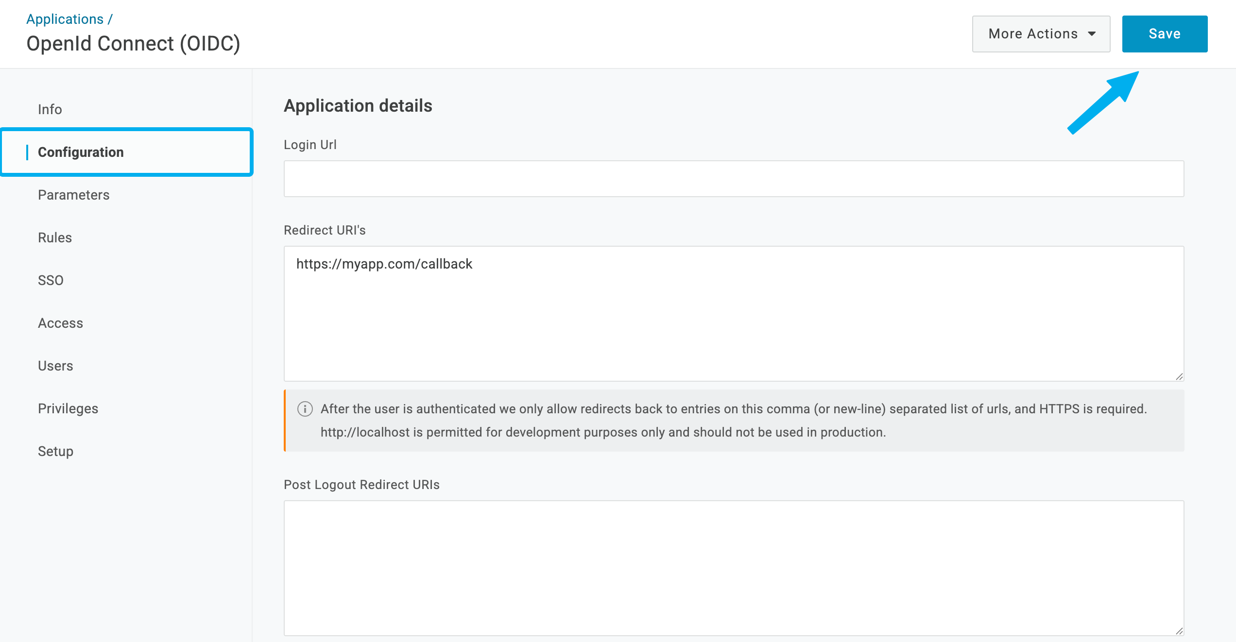 Set Redirect URI in OneLogin