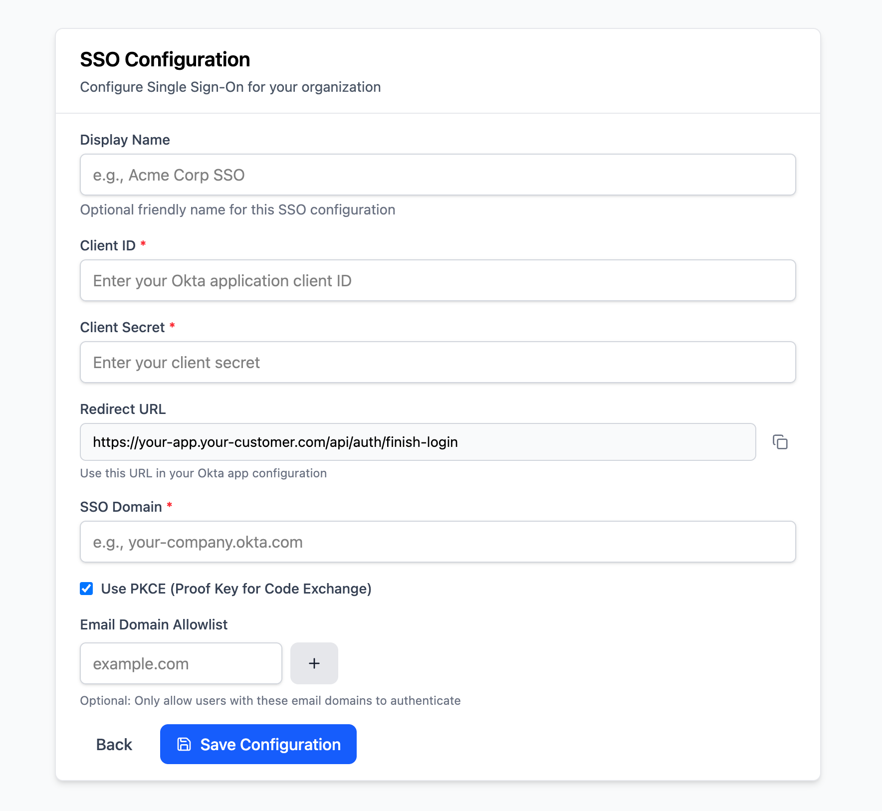 Example SSO Client Configuration form
