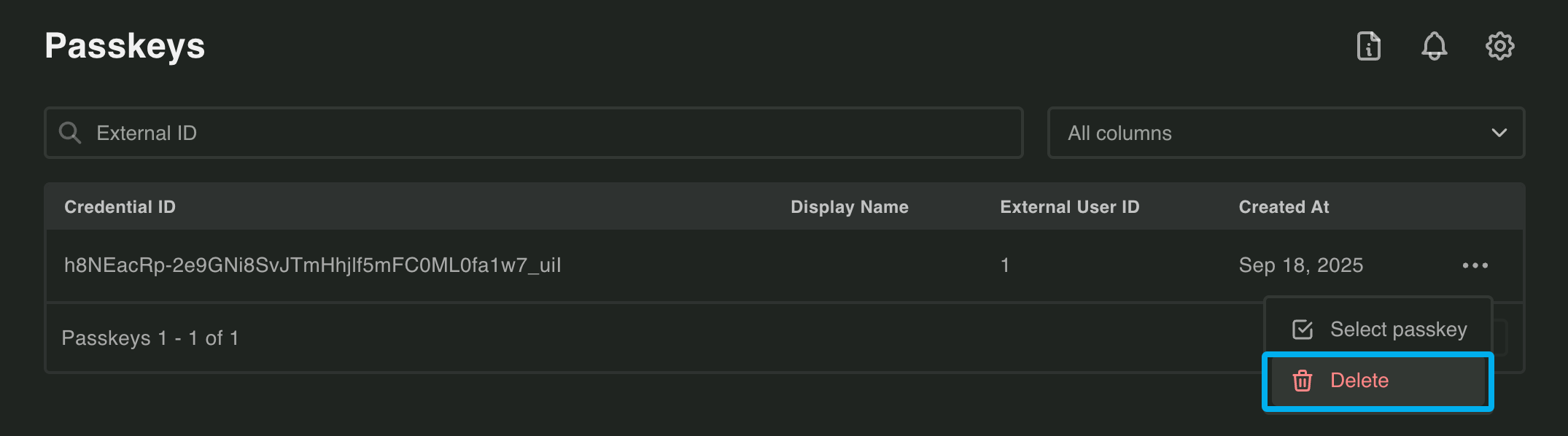 Deleting a passkey in the Dashboard