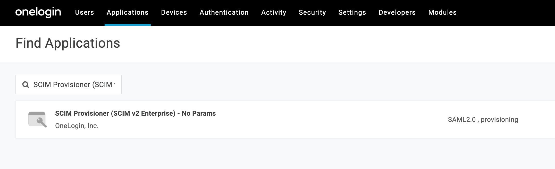Search for SCIM Provisioner (SCIM v2 Enterprise) - No Params in OneLogin