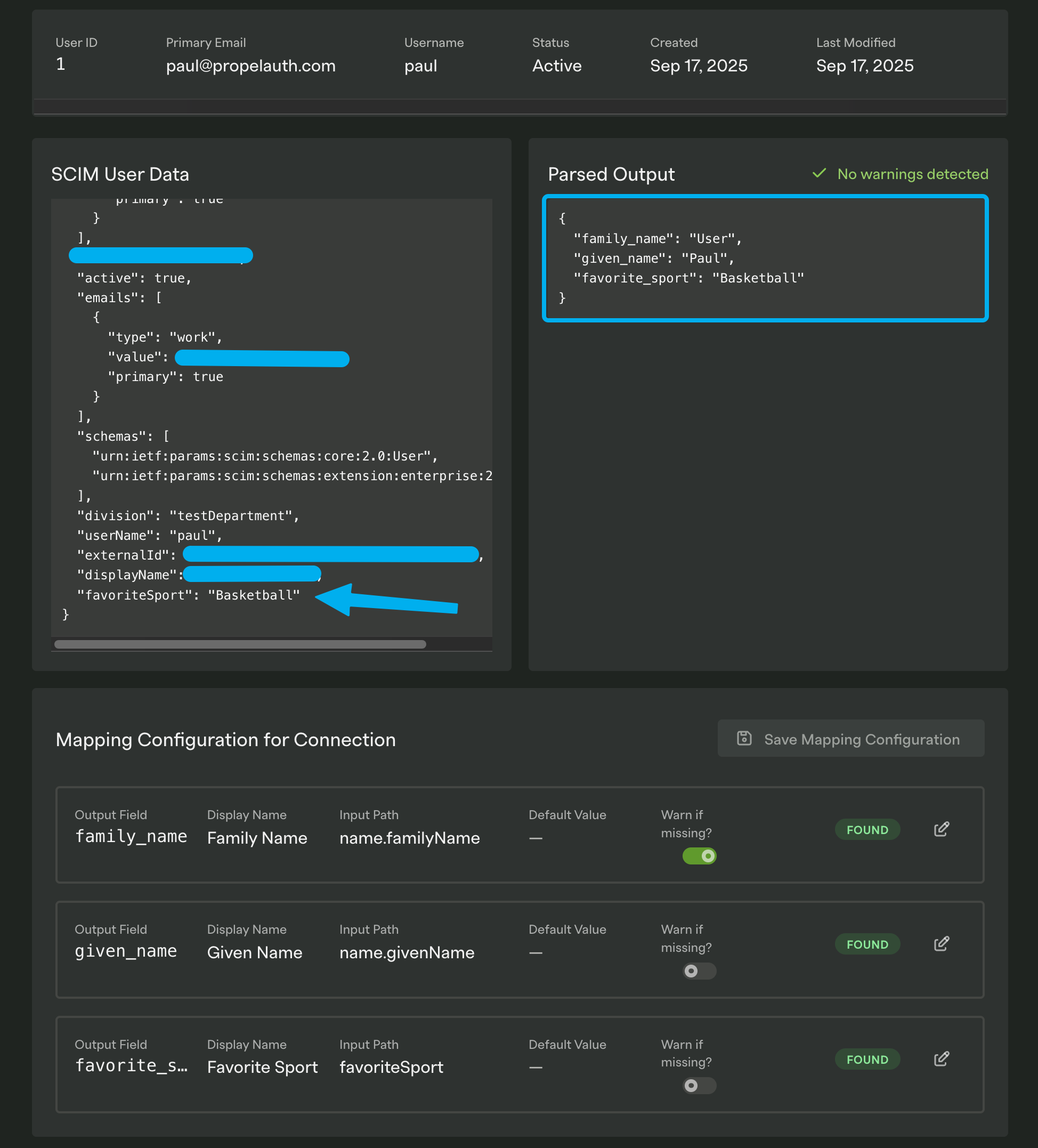 Checking if the custom property mapping was correct in the dashboard