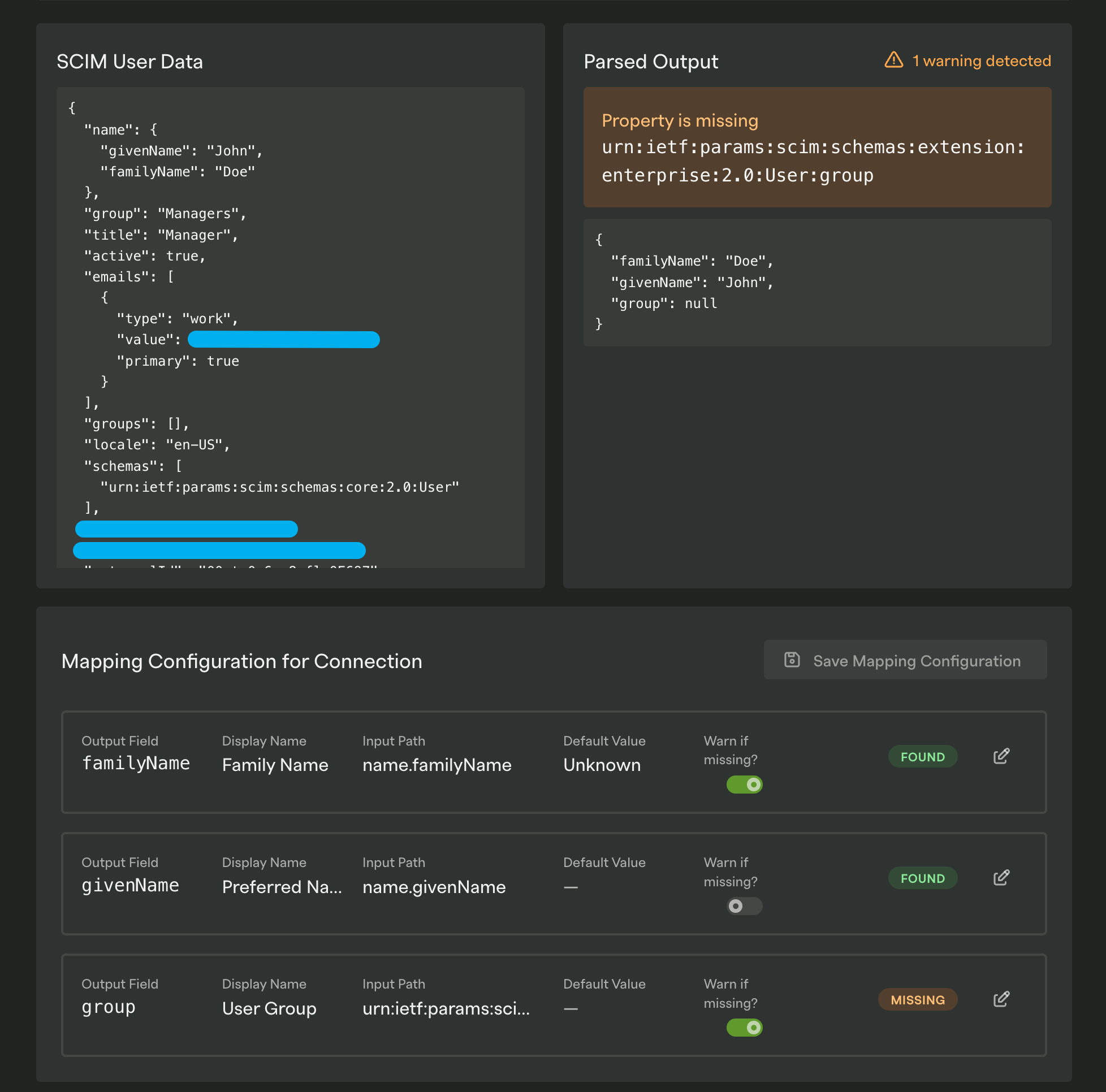 Example config page with warning