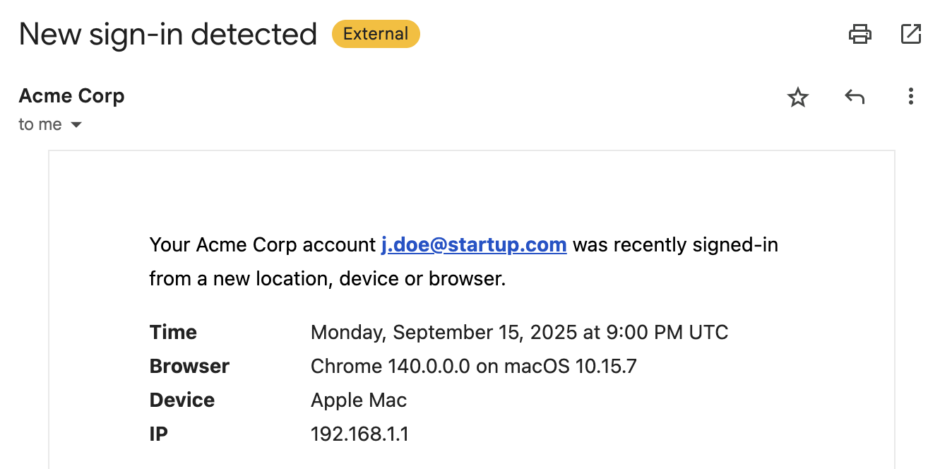 email of a new device notification